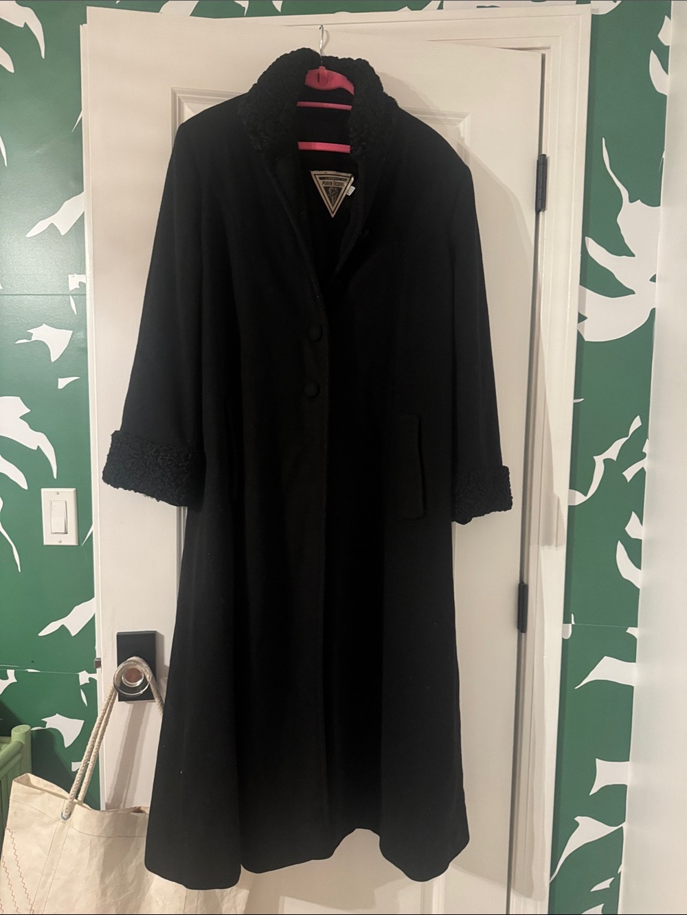 VTG 90s Marvin Richards Black Lambswool Long Duster Coat Curly Fur trim